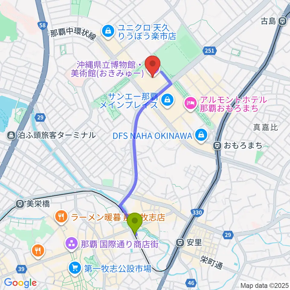 牧志駅から沖縄県立博物館・美術館（おきみゅー）へのルートマップ地図