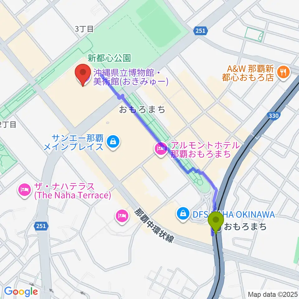 沖縄県立博物館・美術館（おきみゅー）の最寄駅おもろまち駅からの徒歩ルート（約11分）地図
