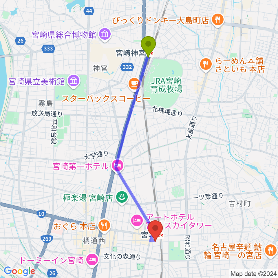 宮崎神宮駅からワンダーアティックシネマへのルートマップ地図