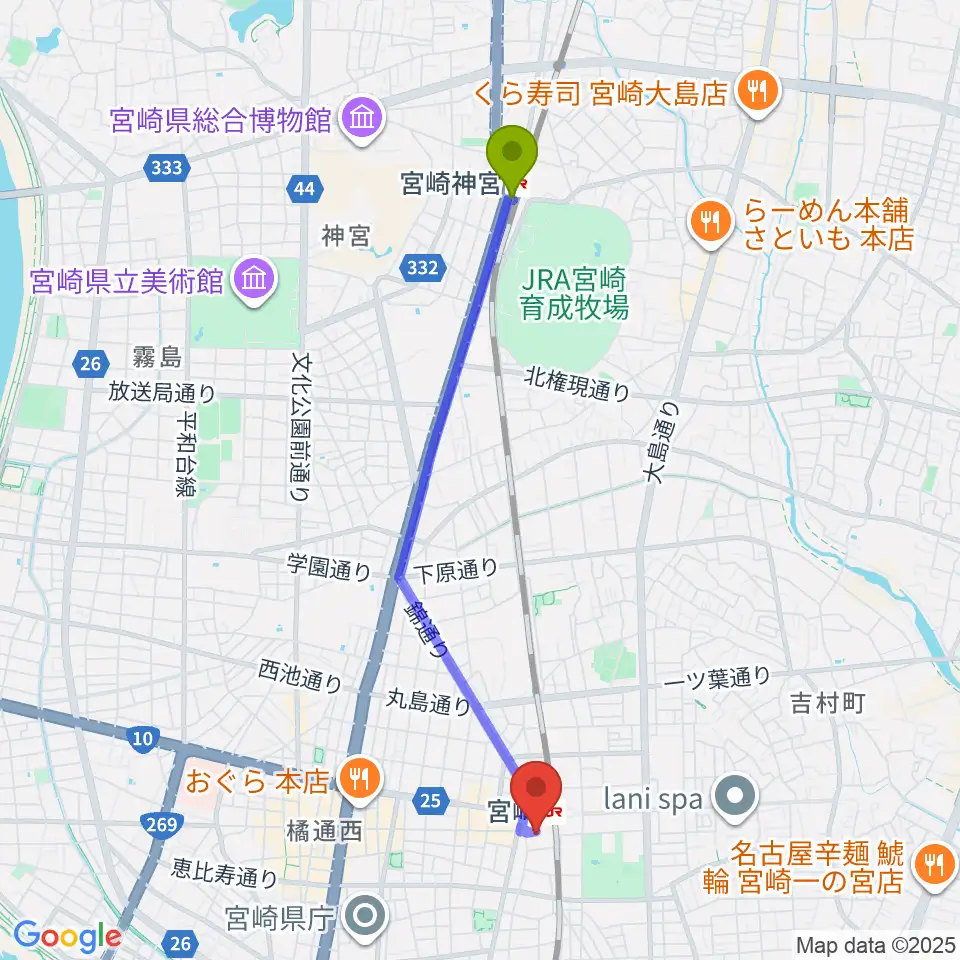 宮崎神宮駅からワンダーアティックシネマへのルートマップ地図