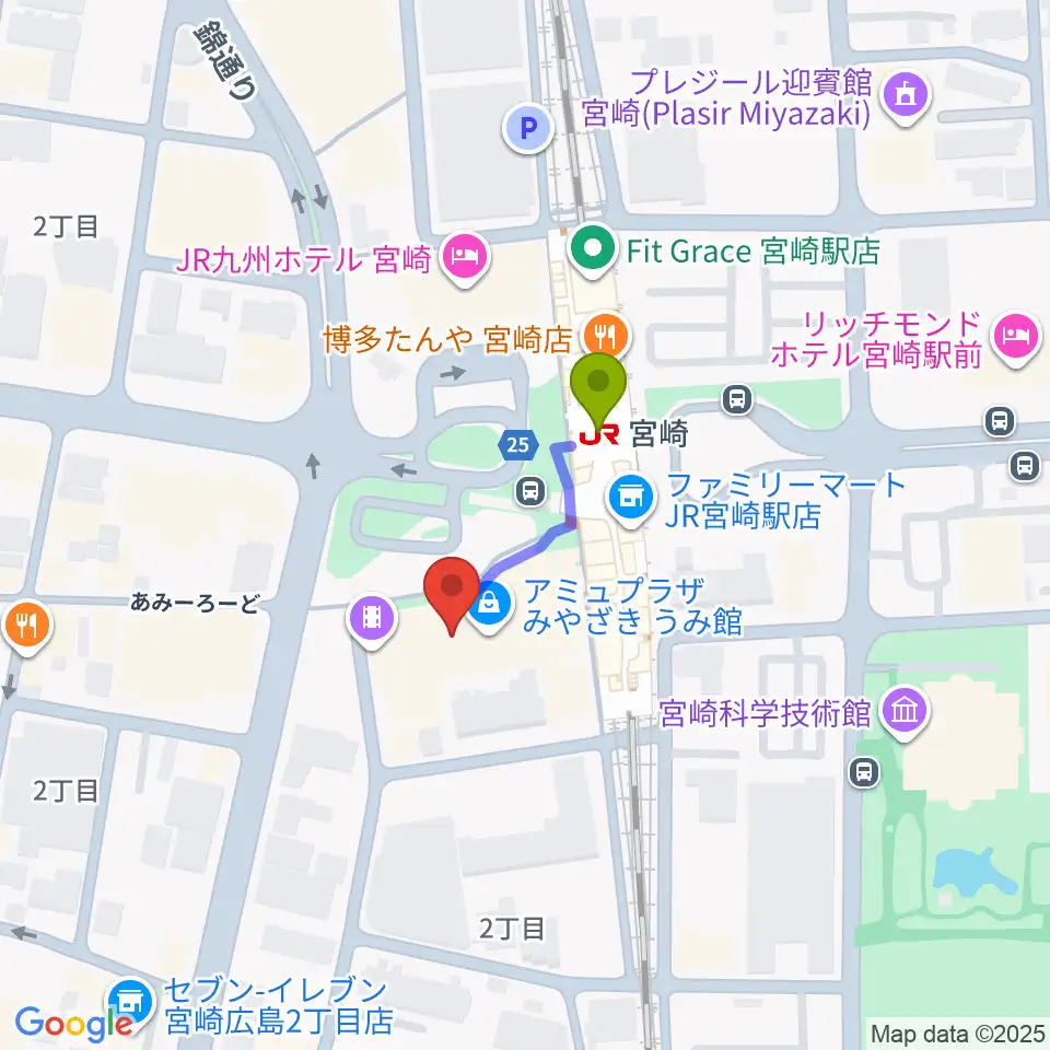 ワンダーアティックシネマの最寄駅宮崎駅からの徒歩ルート（約2分）地図