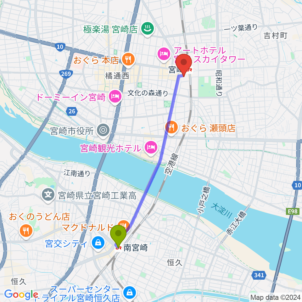 南宮崎駅からワンダーアティックシネマへのルートマップ地図