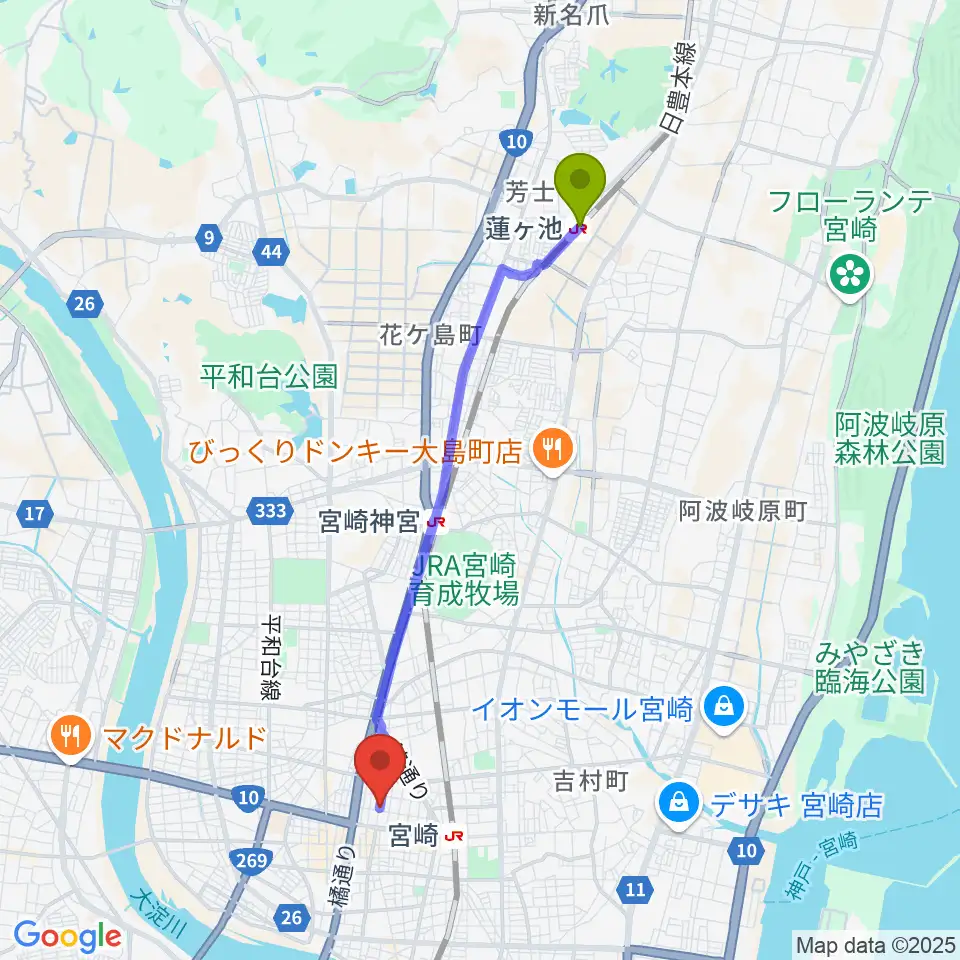 蓮ケ池駅から宮崎キネマ館へのルートマップ地図