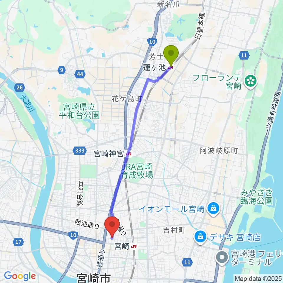 蓮ケ池駅から宮崎キネマ館へのルートマップ地図