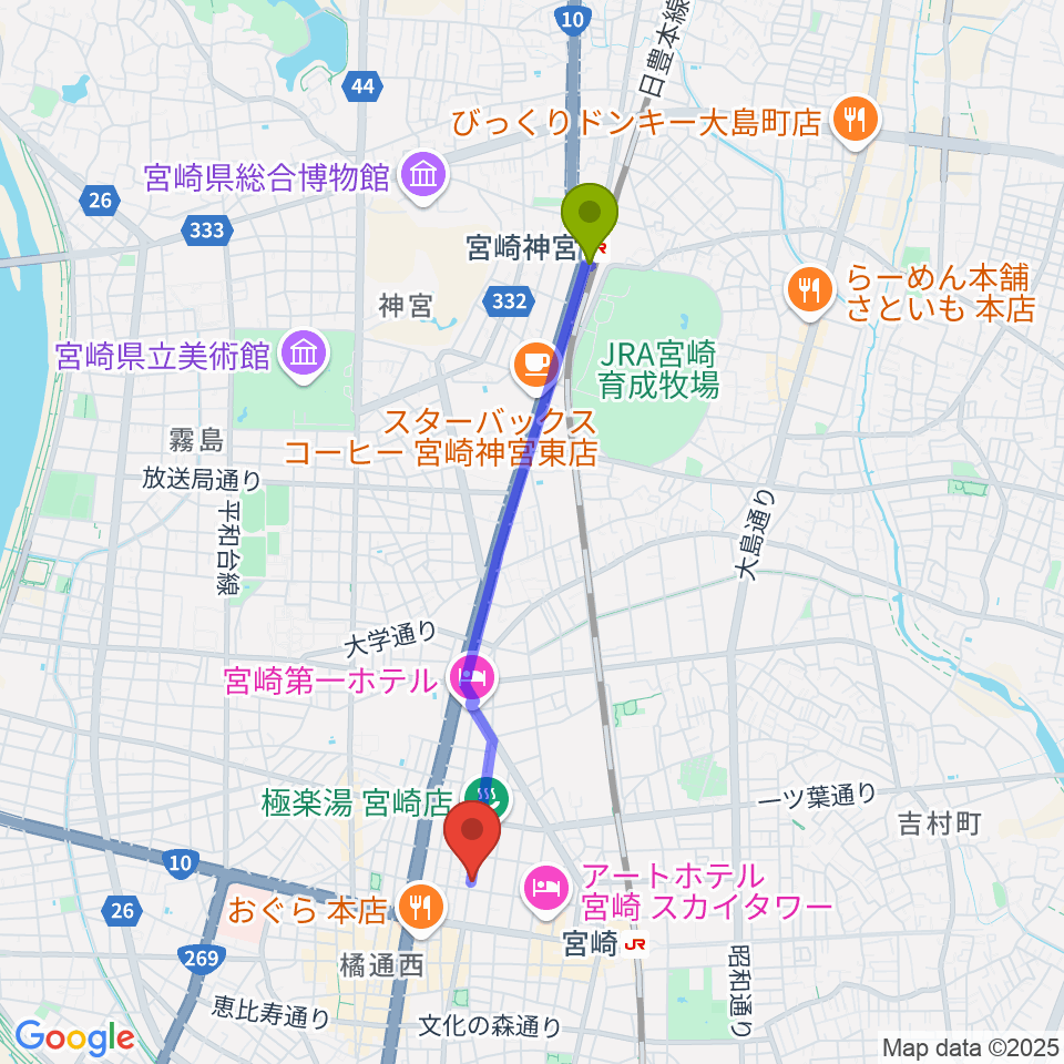 宮崎神宮駅から宮崎キネマ館へのルートマップ地図