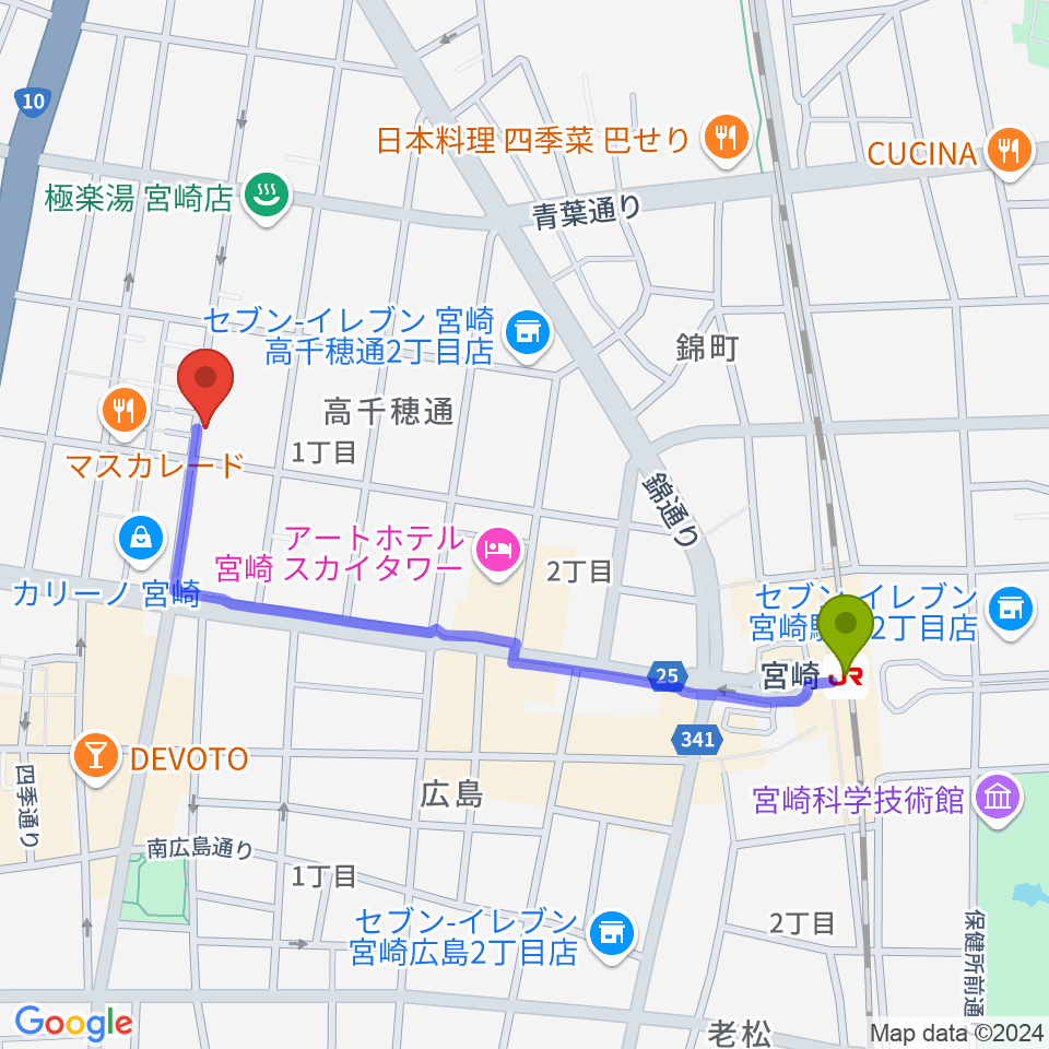 宮崎キネマ館の最寄駅宮崎駅からの徒歩ルート（約11分）地図