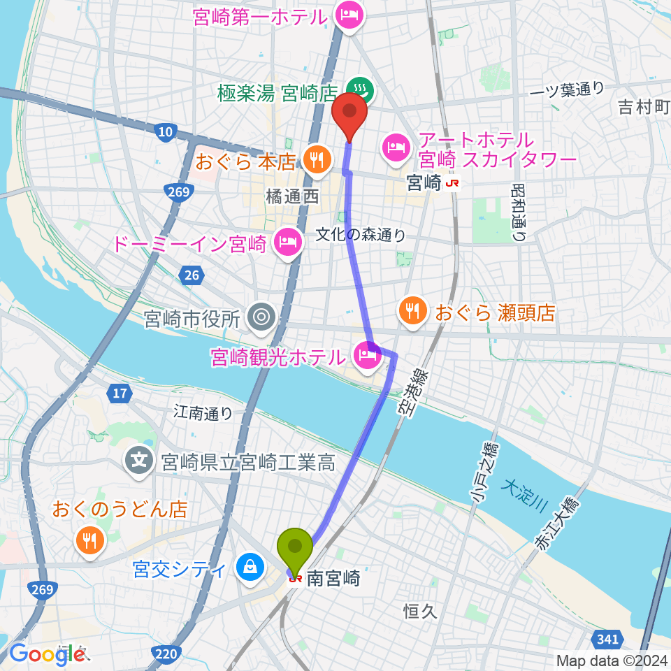 南宮崎駅から宮崎キネマ館へのルートマップ地図