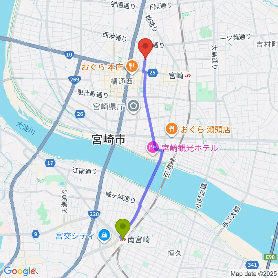 南宮崎駅から宮崎キネマ館へのルートマップ地図