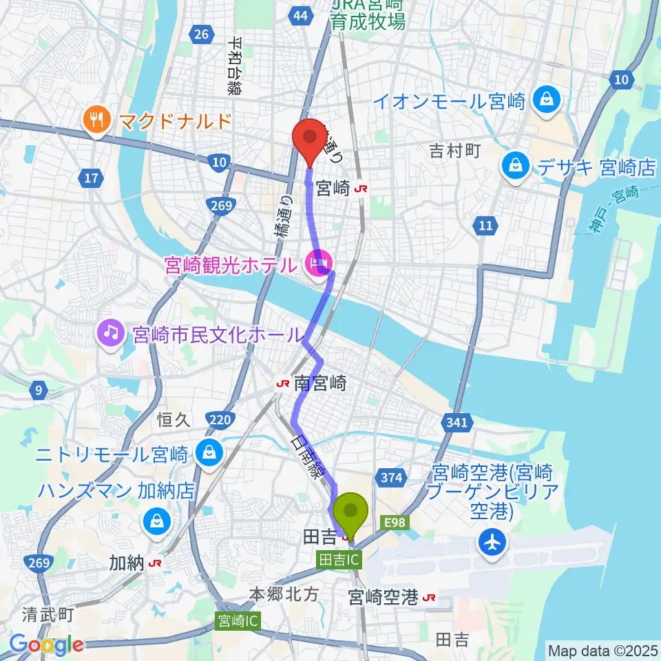 田吉駅から宮崎キネマ館へのルートマップ地図