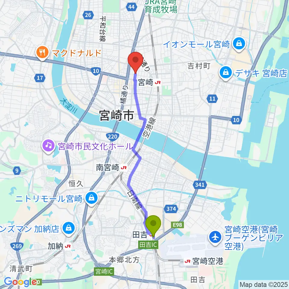 田吉駅から宮崎キネマ館へのルートマップ地図