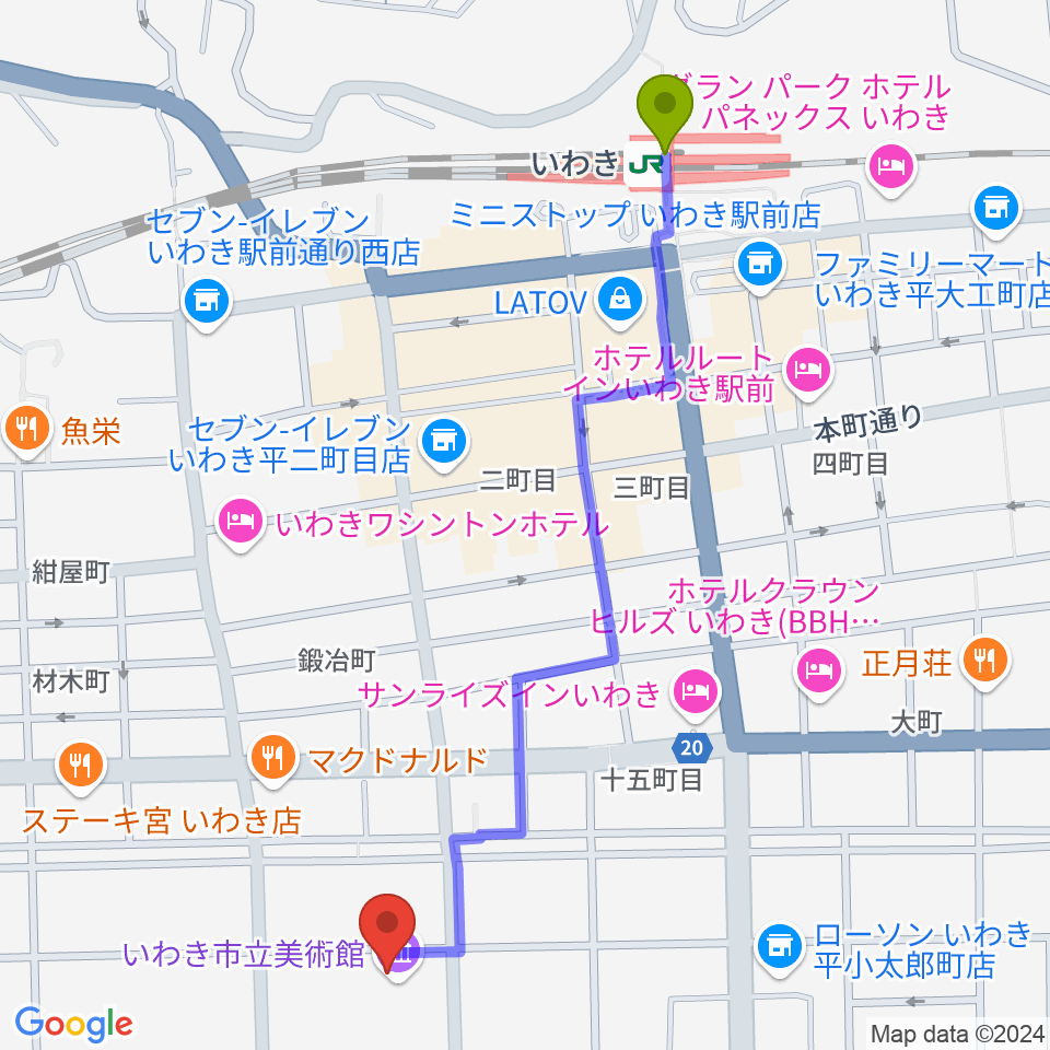 いわき市立美術館の最寄駅いわき駅からの徒歩ルート（約13分）地図