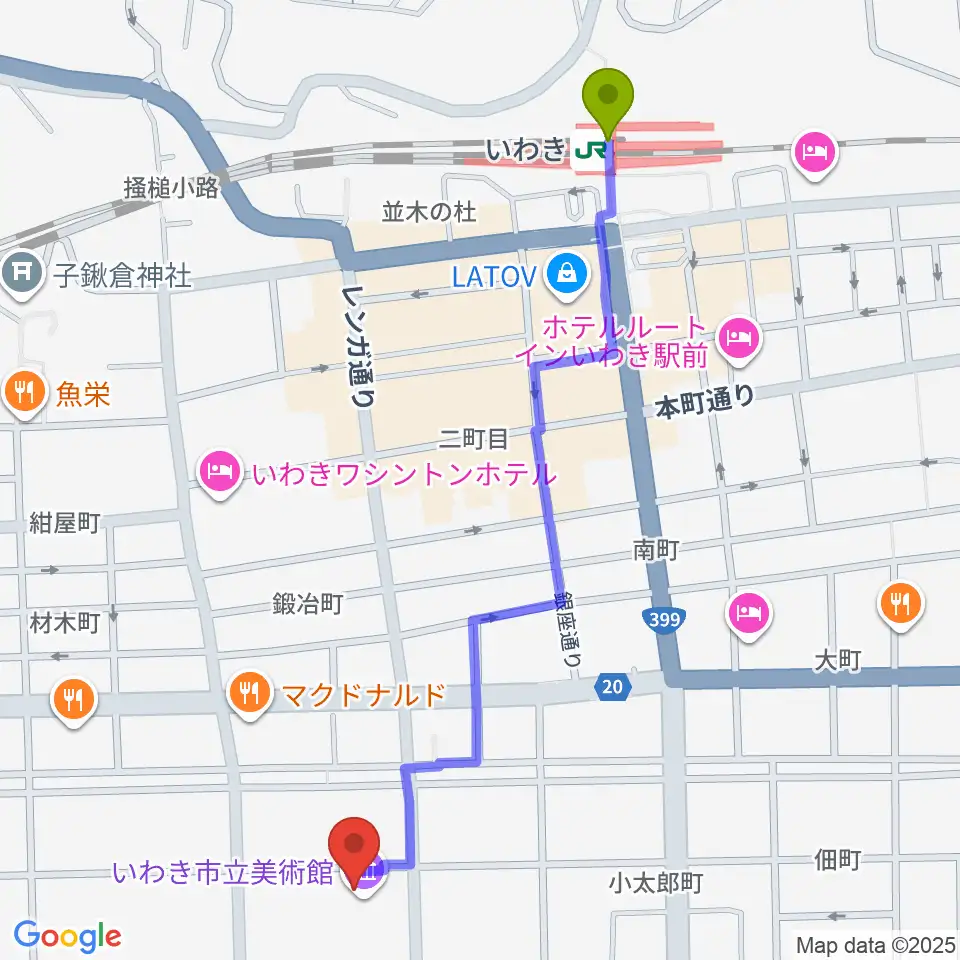いわき市立美術館の最寄駅いわき駅からの徒歩ルート（約13分）地図
