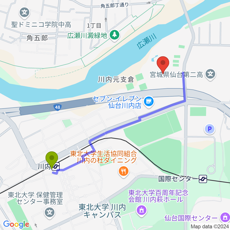 川内駅から宮城県美術館へのルートマップ地図