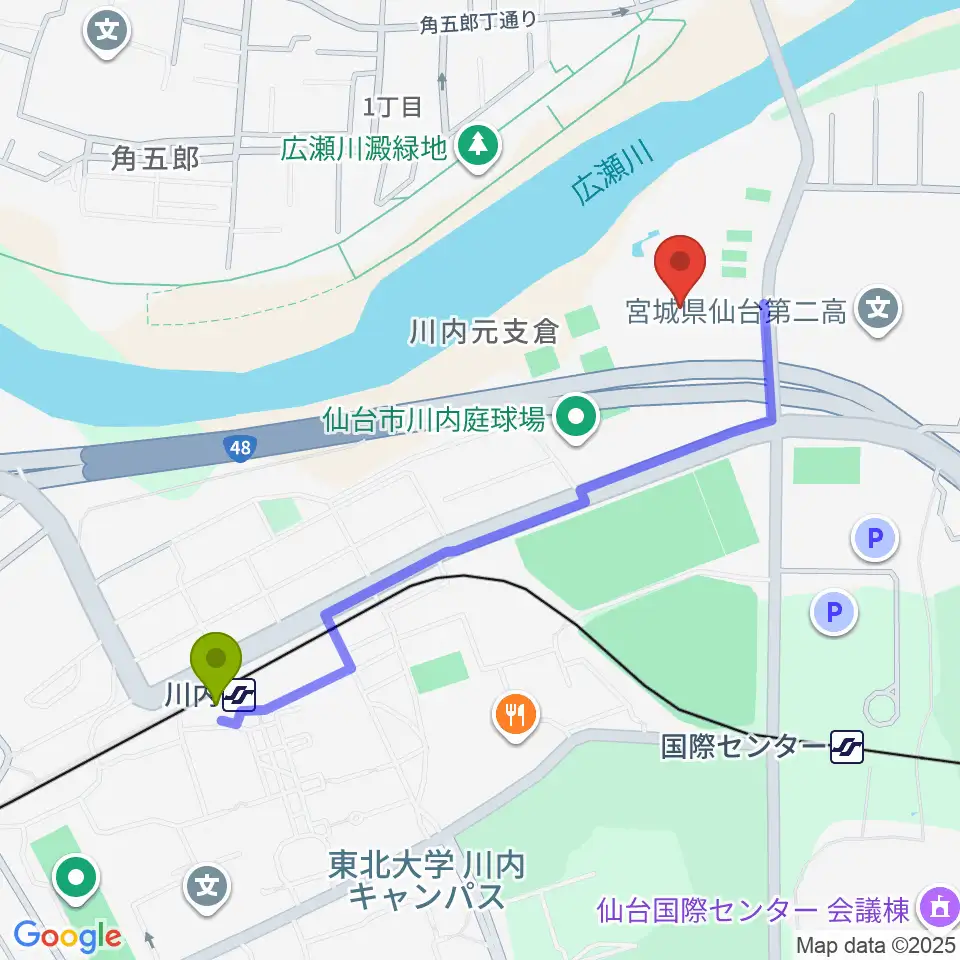 川内駅から宮城県美術館へのルートマップ地図