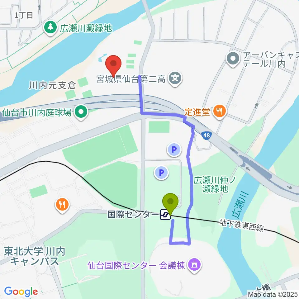 宮城県美術館の最寄駅国際センター駅からの徒歩ルート（約7分）地図