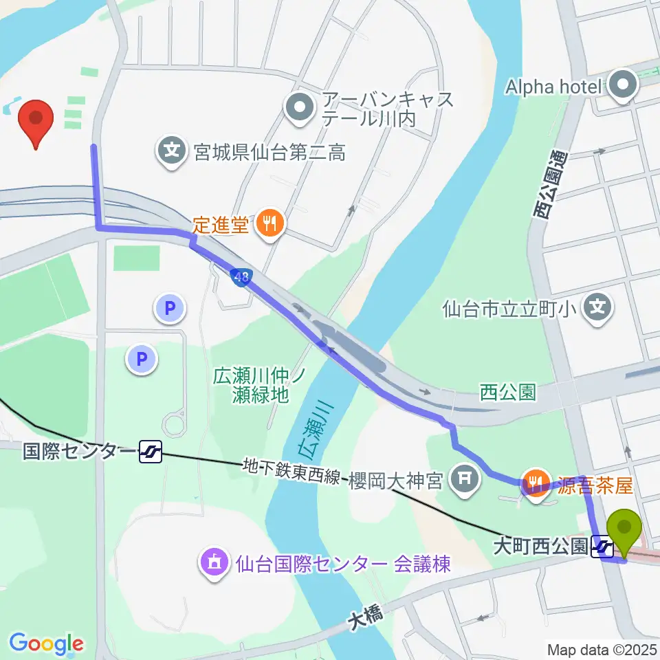 大町西公園駅から宮城県美術館へのルートマップ地図