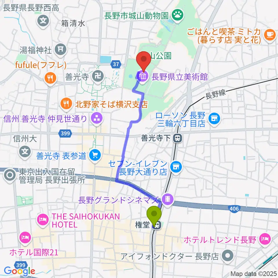 権堂駅から東山魁夷館へのルートマップ地図
