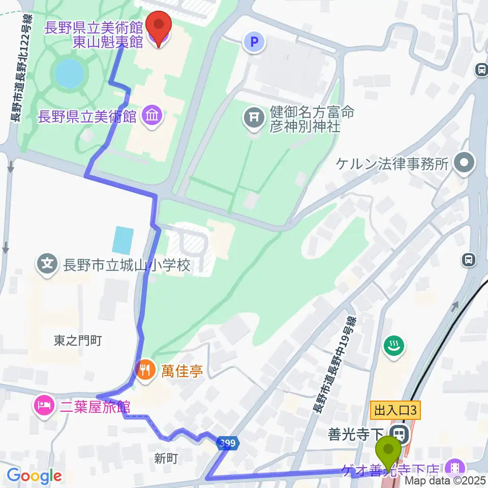 東山魁夷館の最寄駅善光寺下駅からの徒歩ルート（約8分）地図