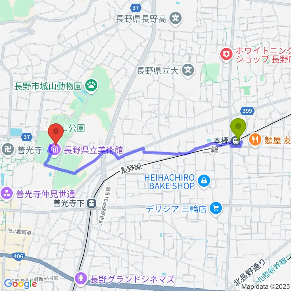 本郷駅から東山魁夷館へのルートマップ地図