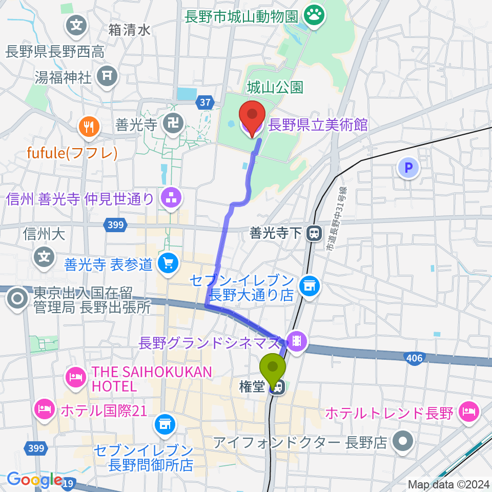 権堂駅から長野県立美術館へのルートマップ地図