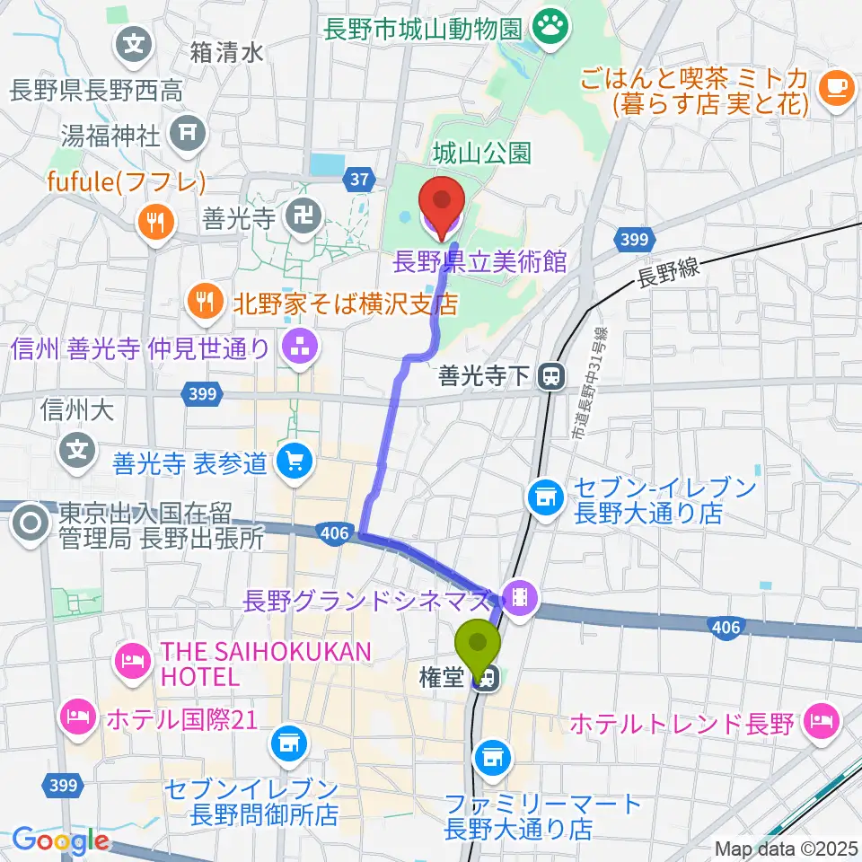 権堂駅から長野県立美術館へのルートマップ地図