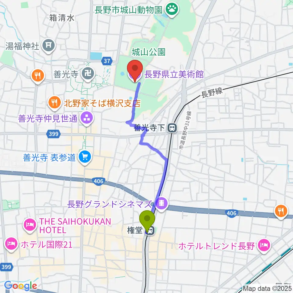 権堂駅から長野県立美術館へのルートマップ地図