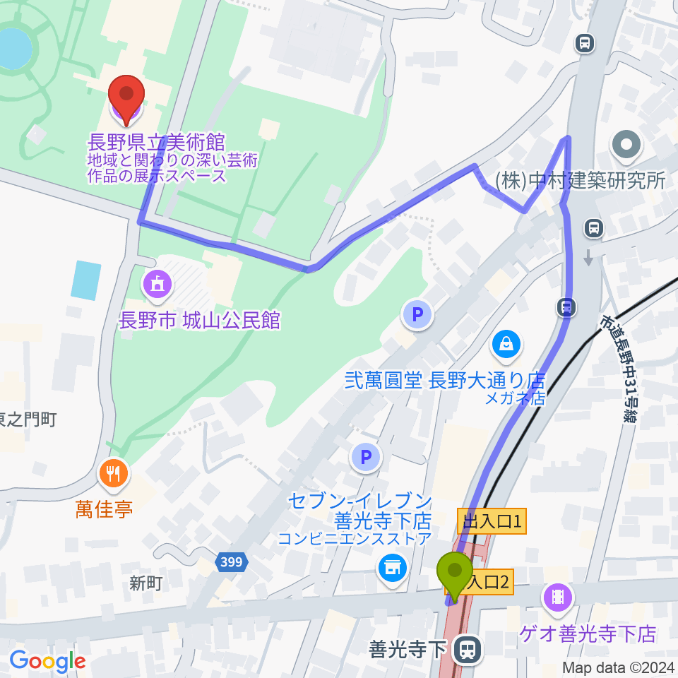 長野県立美術館の最寄駅善光寺下駅からの徒歩ルート（約7分）地図