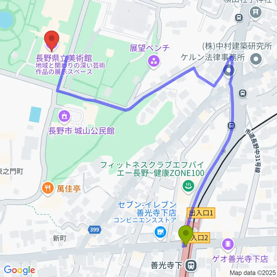 長野県立美術館の最寄駅善光寺下駅からの徒歩ルート（約7分）地図