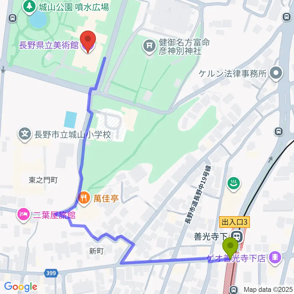 長野県立美術館の最寄駅善光寺下駅からの徒歩ルート（約7分）地図