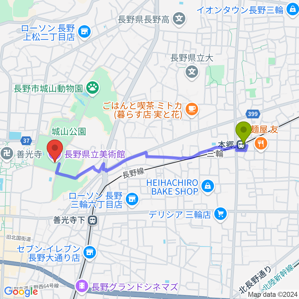 本郷駅から長野県立美術館へのルートマップ地図