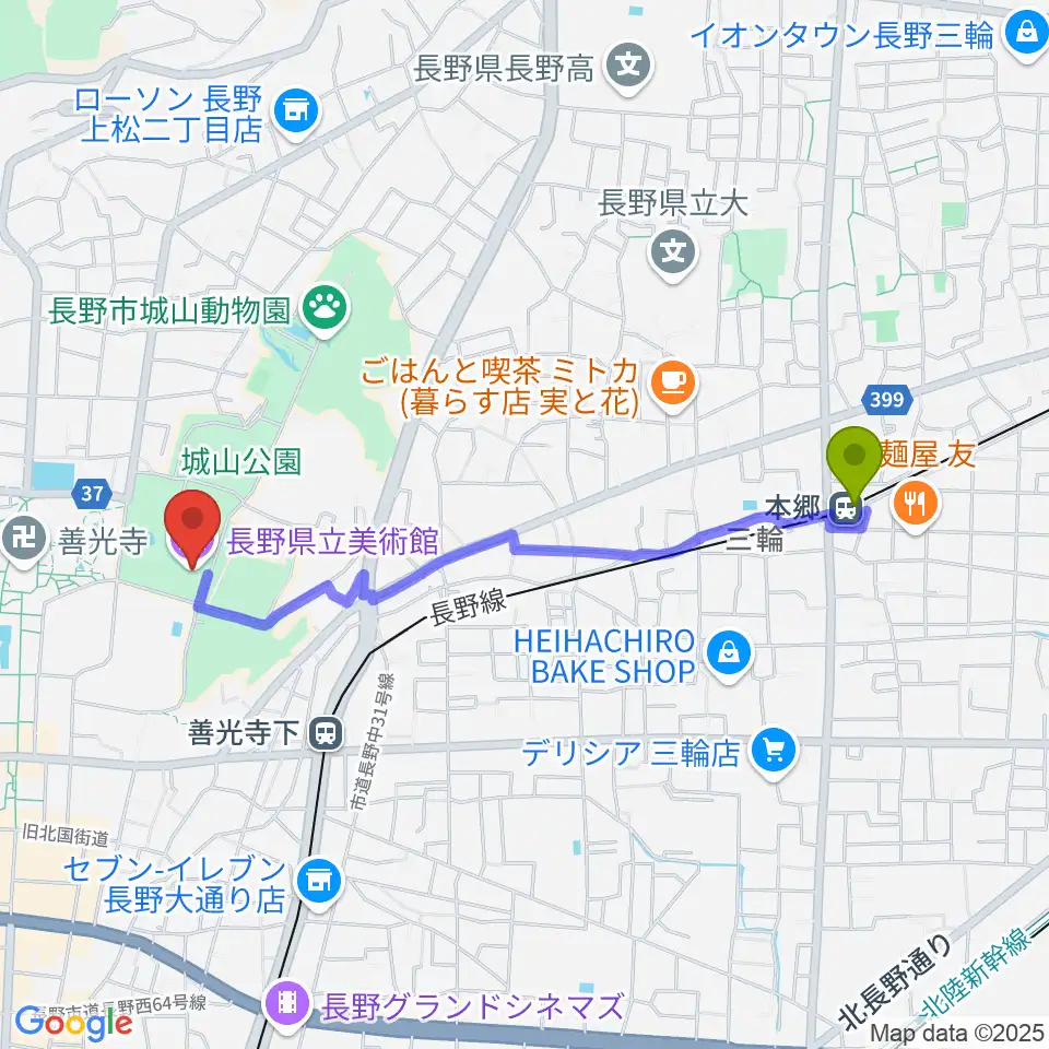 本郷駅から長野県立美術館へのルートマップ地図