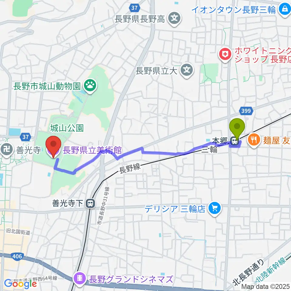 本郷駅から長野県立美術館へのルートマップ地図