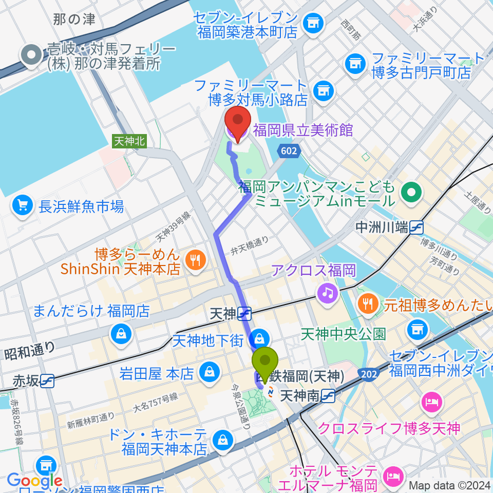 西鉄福岡（天神）駅から福岡県立美術館へのルートマップ地図