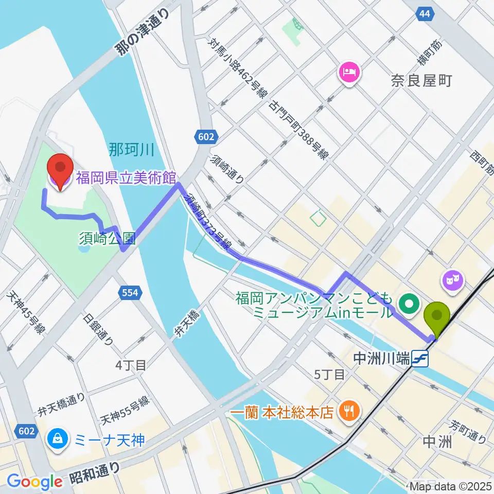 中洲川端駅から福岡県立美術館へのルートマップ地図