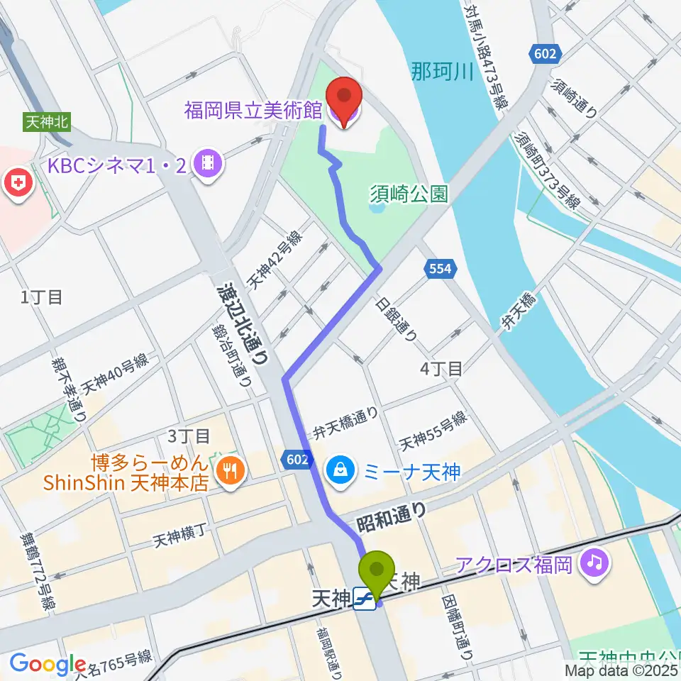 福岡県立美術館の最寄駅天神駅からの徒歩ルート（約11分）地図