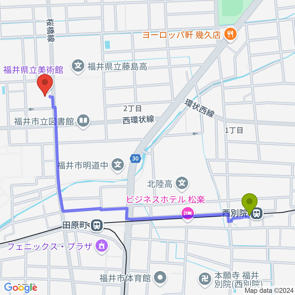 西別院駅から福井県立美術館へのルートマップ地図