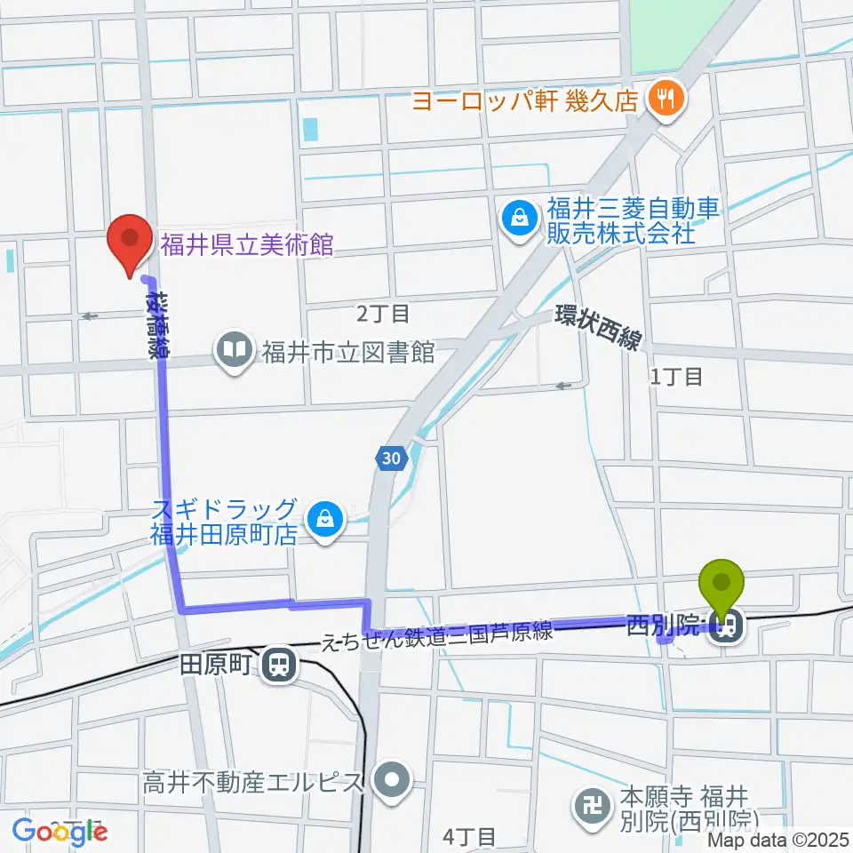 西別院駅から福井県立美術館へのルートマップ地図