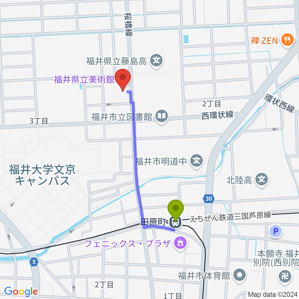 福井県立美術館の最寄駅田原町駅からの徒歩ルート（約7分）地図