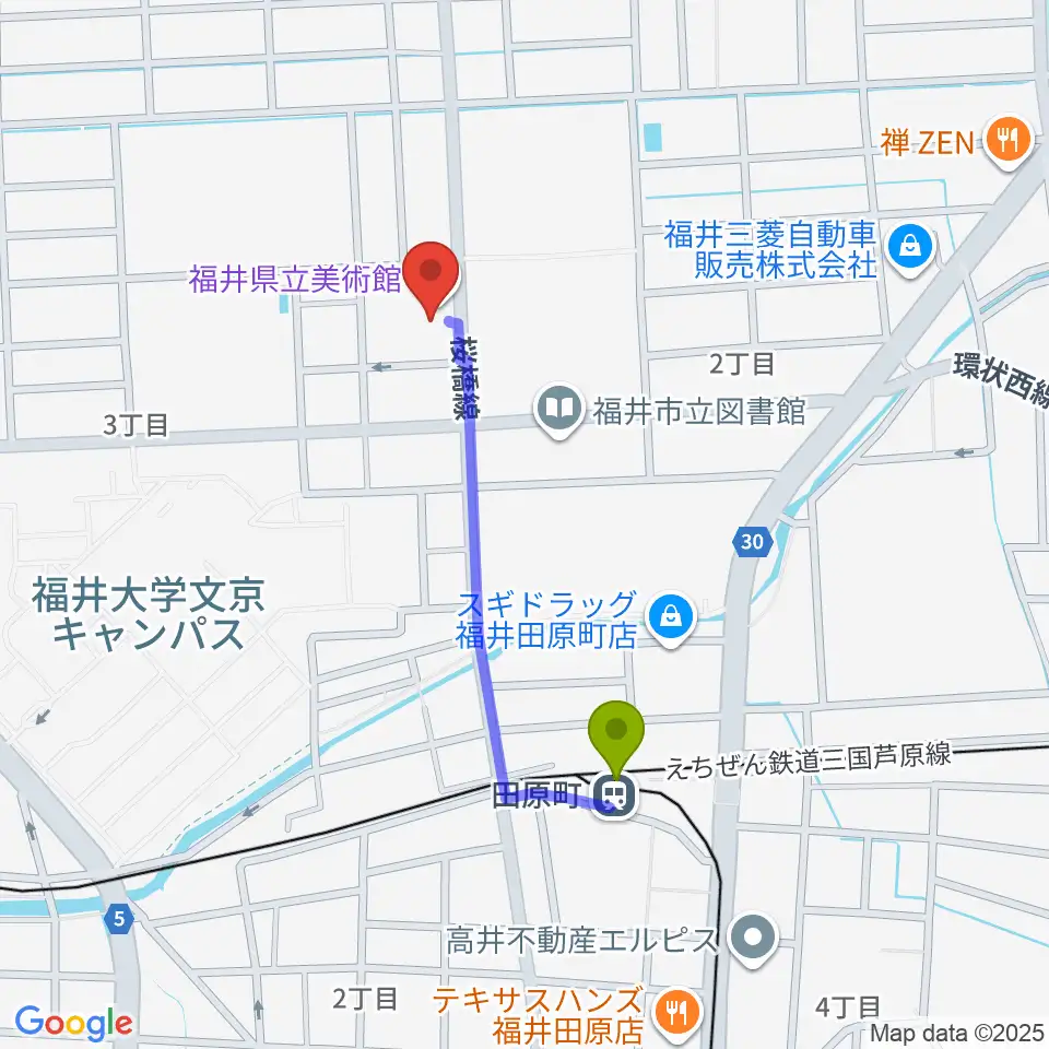 福井県立美術館の最寄駅田原町駅からの徒歩ルート（約7分）地図