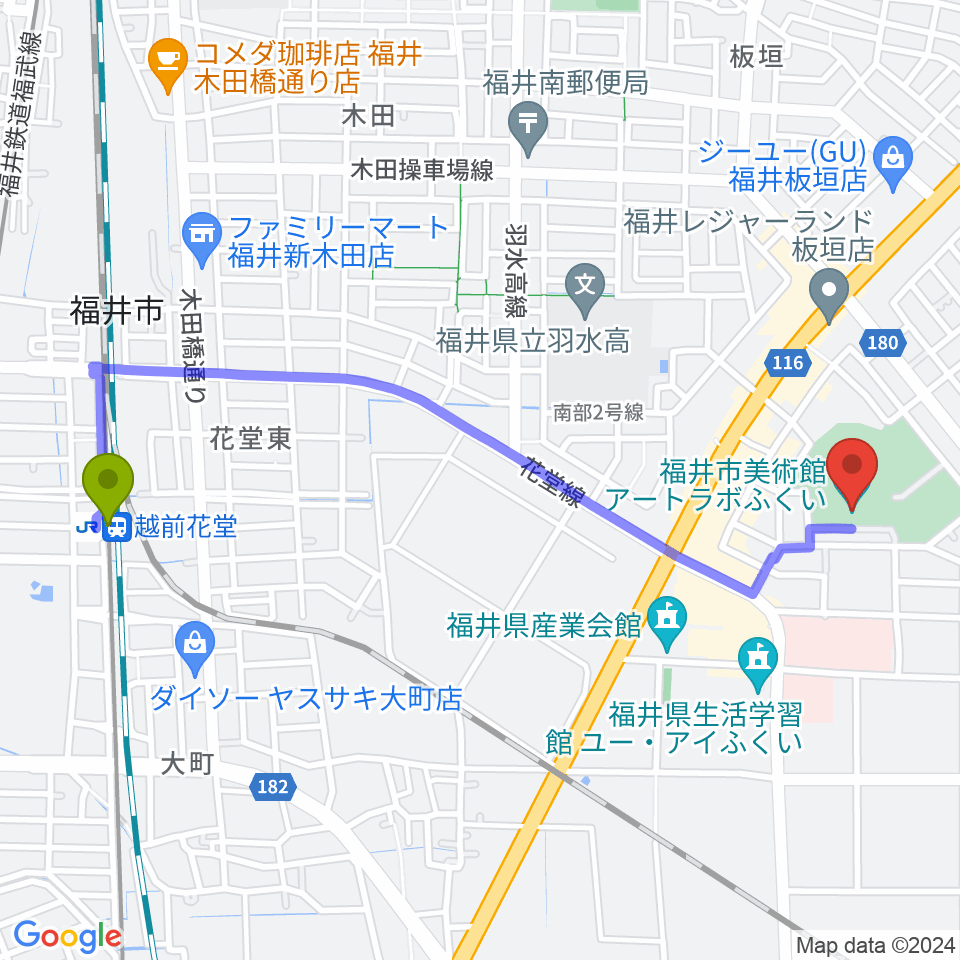 越前花堂駅からアートラボふくい 福井市美術館へのルートマップ地図