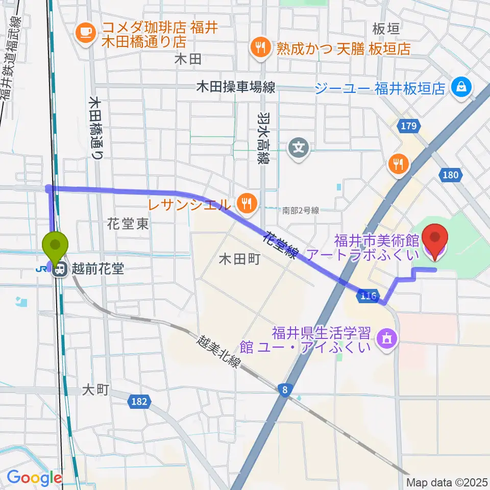 越前花堂駅からアートラボふくい 福井市美術館へのルートマップ地図