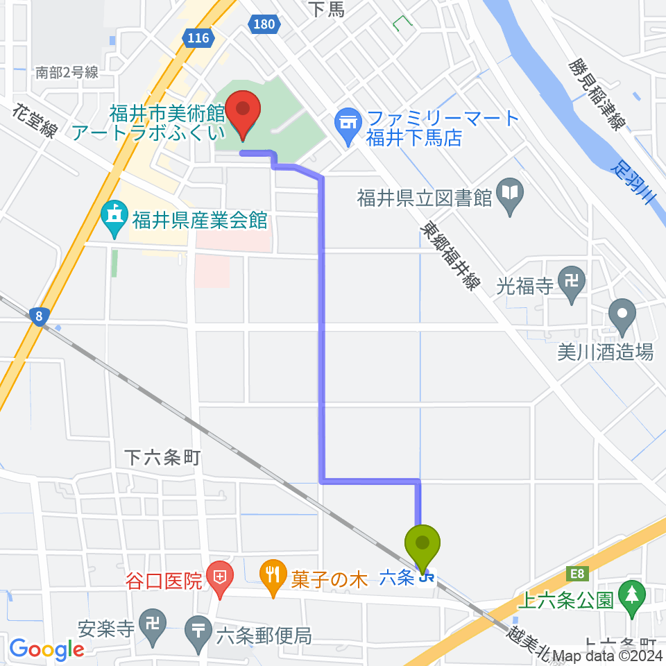アートラボふくい 福井市美術館の最寄駅六条駅からの徒歩ルート（約22分）地図