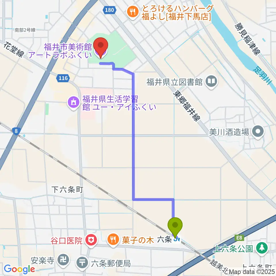 アートラボふくい 福井市美術館の最寄駅六条駅からの徒歩ルート（約22分）地図