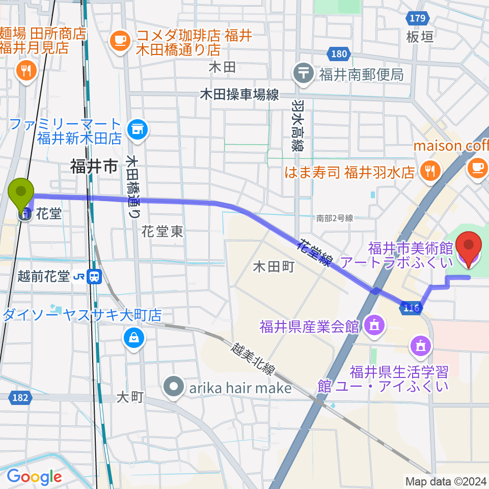 花堂駅からアートラボふくい 福井市美術館へのルートマップ地図