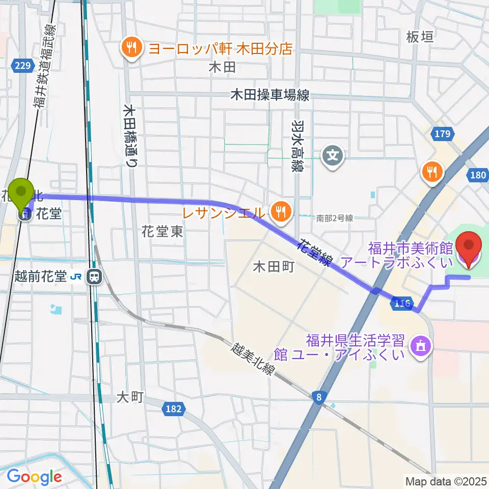 花堂駅からアートラボふくい 福井市美術館へのルートマップ地図