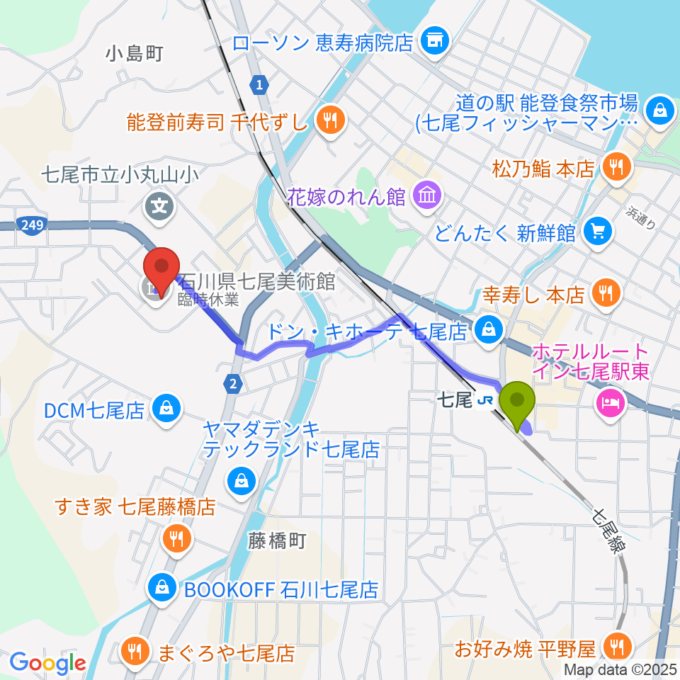 石川県七尾美術館の最寄駅七尾駅からの徒歩ルート（約17分）地図