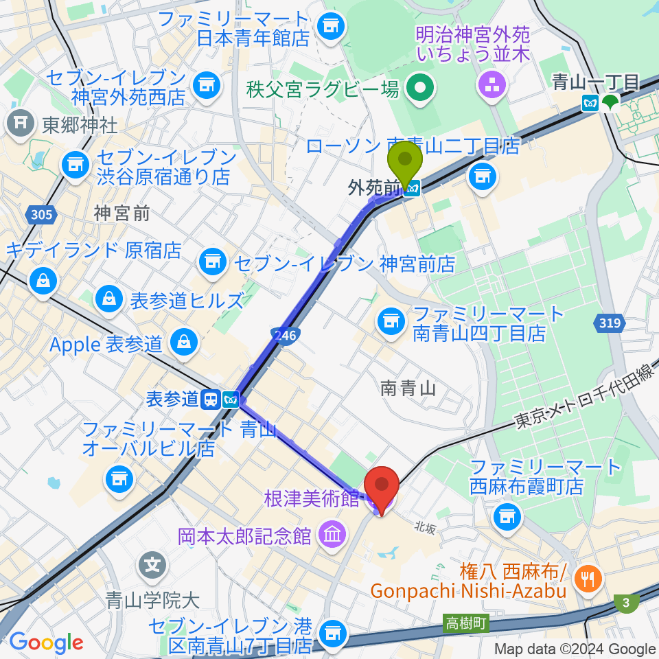 外苑前駅から根津美術館へのルートマップ地図