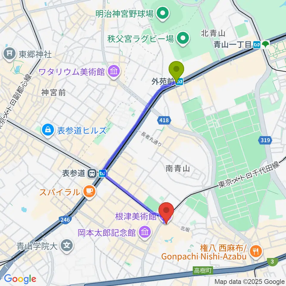 外苑前駅から根津美術館へのルートマップ地図