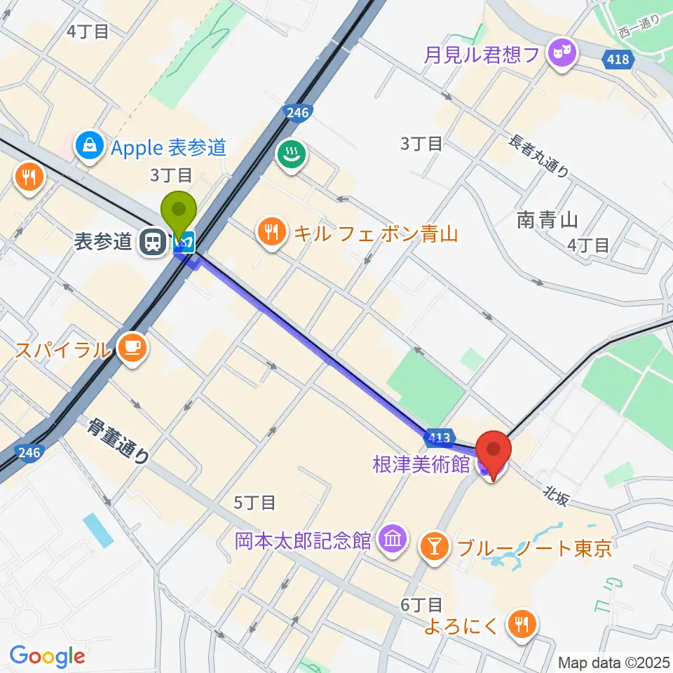根津美術館の最寄駅表参道駅からの徒歩ルート（約9分）地図