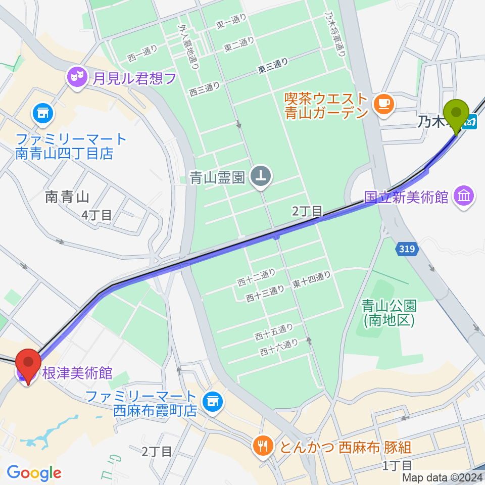 乃木坂駅から根津美術館へのルートマップ地図